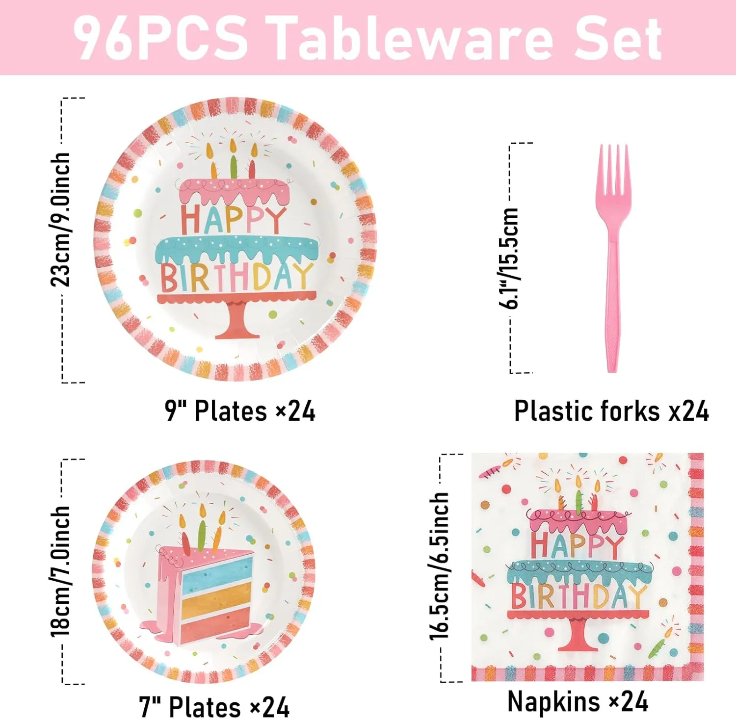 96 Pcs Party Paper Plates and Napkins Sets, Pink Birthday Paper Plates and Napkins, Disposable Tableware Set, Party Supplies for Kids Happy Birthday, Serve for 24, Striped Edge Design