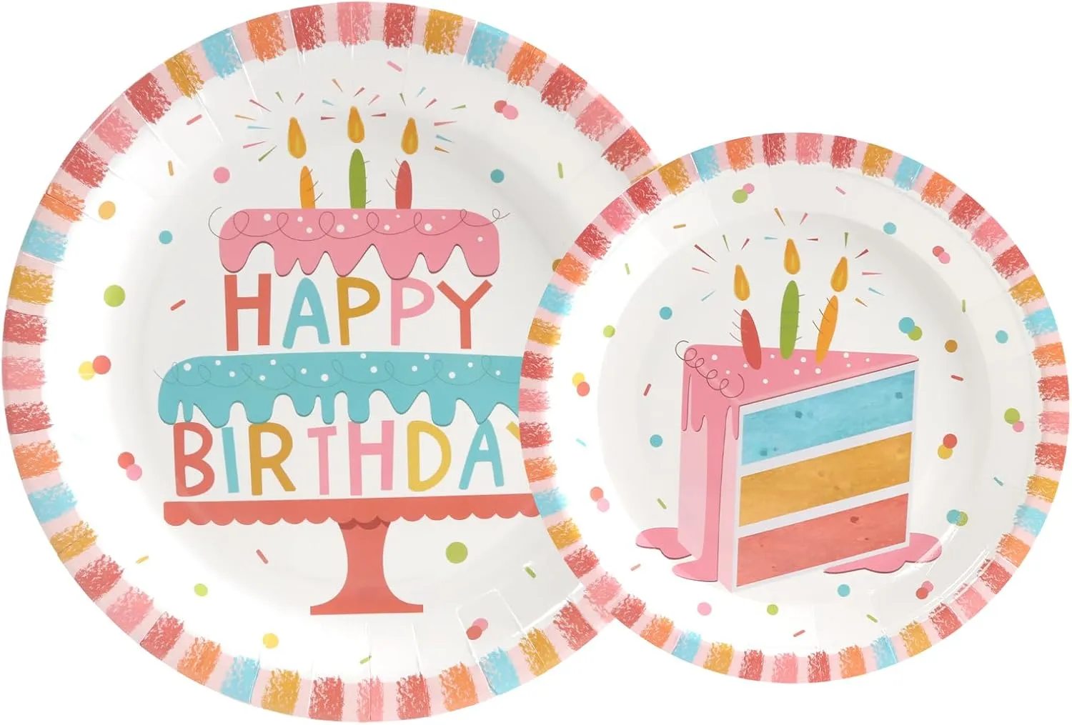 96 Pcs Party Paper Plates and Napkins Sets, Pink Birthday Paper Plates and Napkins, Disposable Tableware Set, Party Supplies for Kids Happy Birthday, Serve for 24, Striped Edge Design