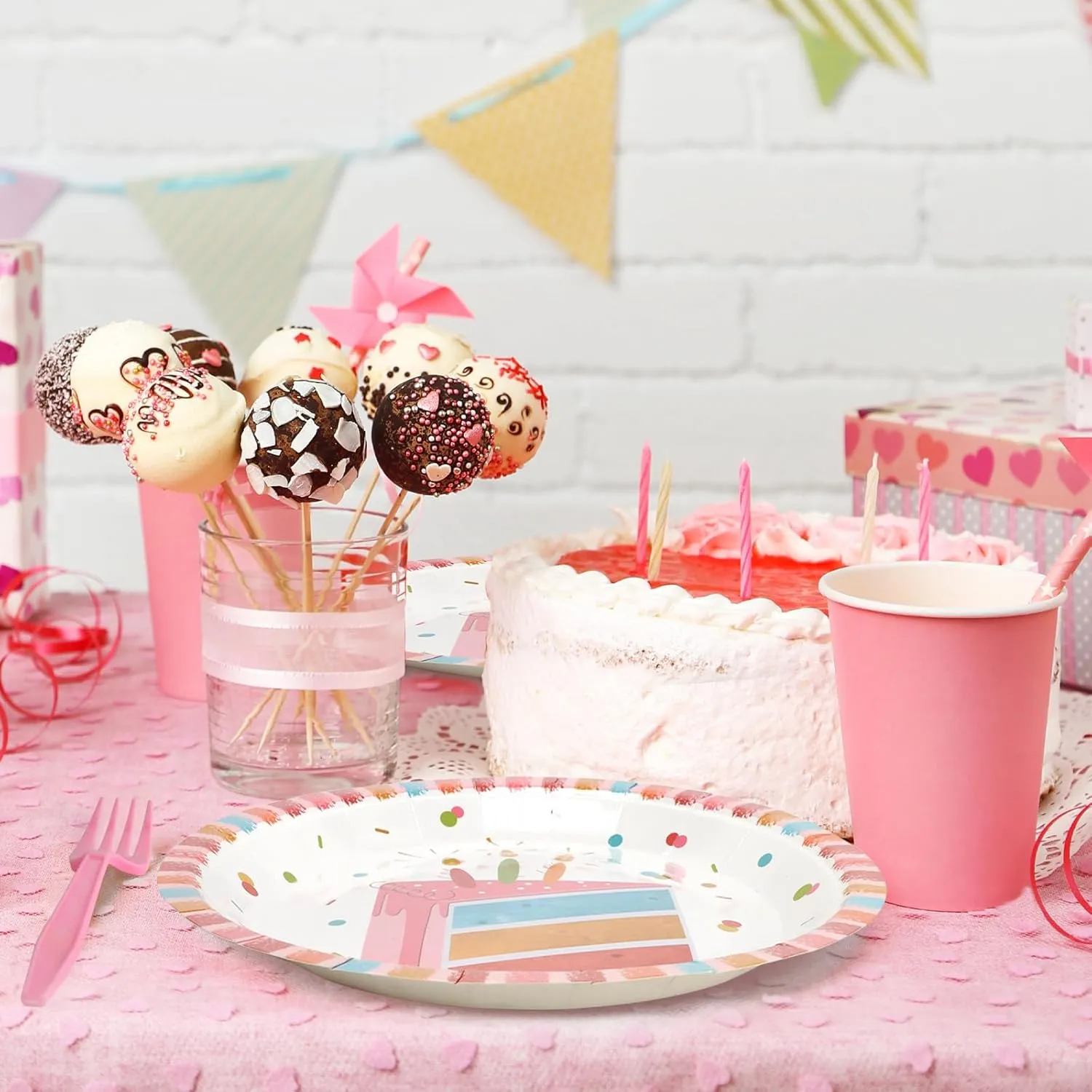 96 Pcs Party Paper Plates and Napkins Sets, Pink Birthday Paper Plates and Napkins, Disposable Tableware Set, Party Supplies for Kids Happy Birthday, Serve for 24, Striped Edge Design