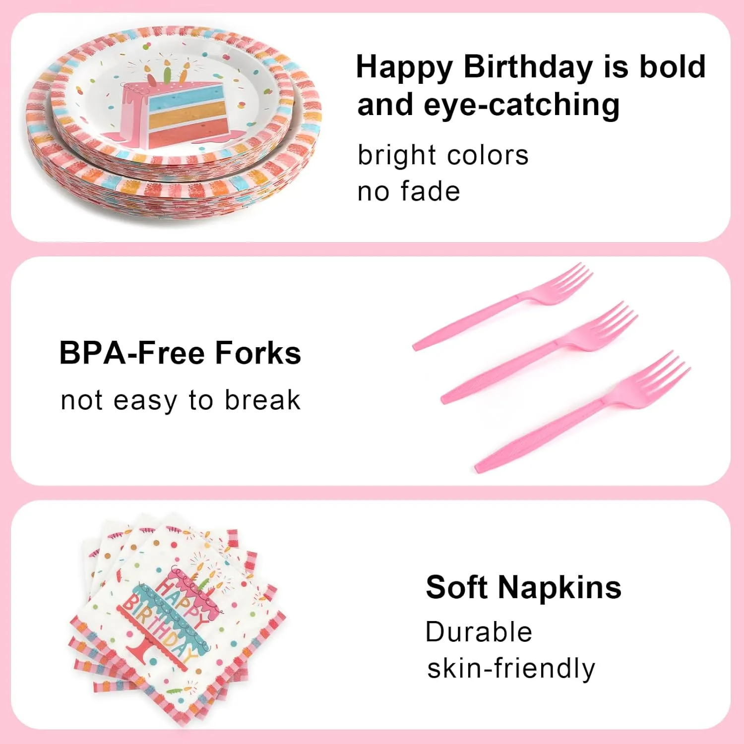 96 Pcs Party Paper Plates and Napkins Sets, Pink Birthday Paper Plates and Napkins, Disposable Tableware Set, Party Supplies for Kids Happy Birthday, Serve for 24, Striped Edge Design