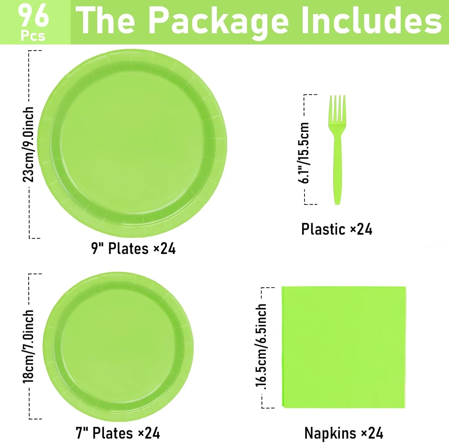 96 Pcs Party Plates, Green Paper Plates and Napkins, Disposable Tableware Set, Party Supplies for Kids Birthday Baby Shower Wedding Picnic, Serve for 24 Guests