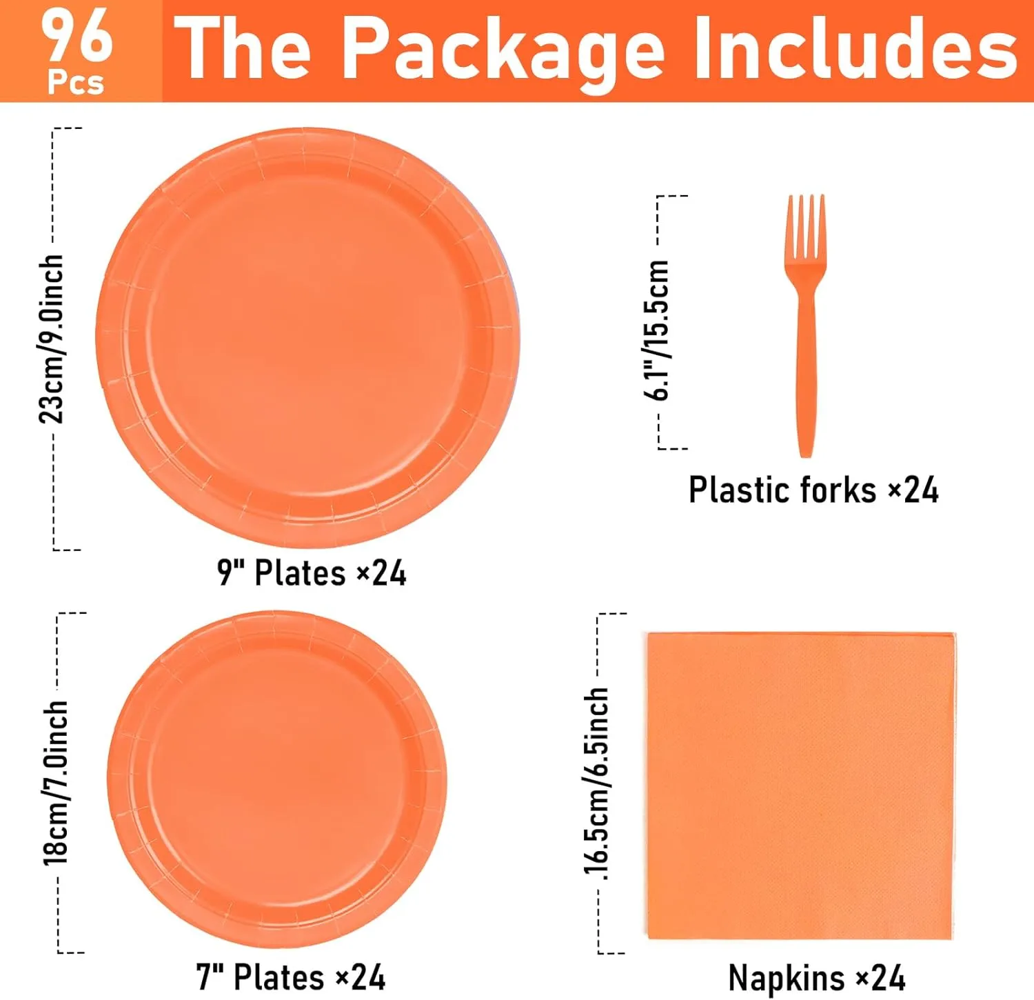 96 Pcs Party Plates, Orange Paper Plates and Napkins, Disposable Tableware Set, Party Supplies for Kids Birthday Baby Shower Wedding Picnic, Serve for 24 Guests