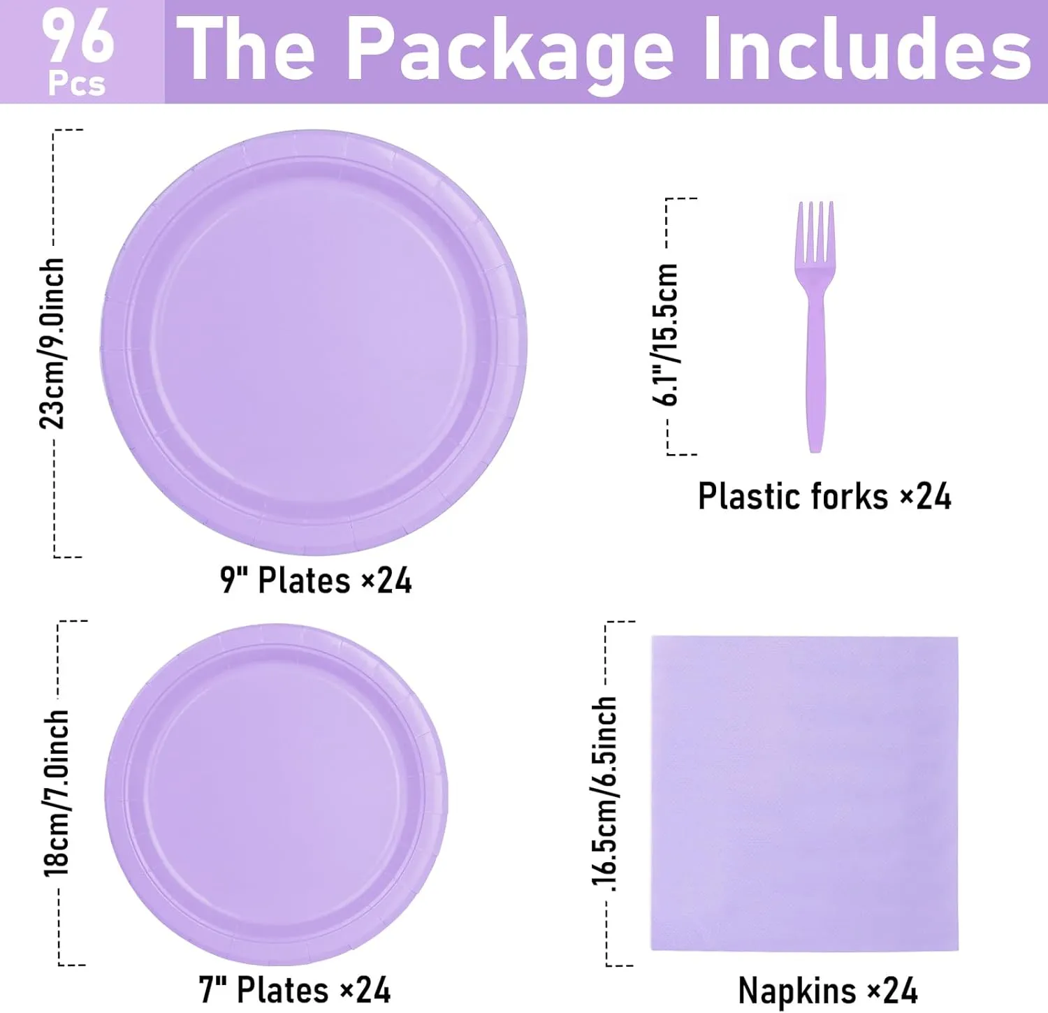 96 Pcs Party Plates, Purple Paper Plates and Napkins, Disposable Tableware Set, Party Supplies for Kids Birthday Baby Shower Wedding Picnic, Serve for 24 Guests