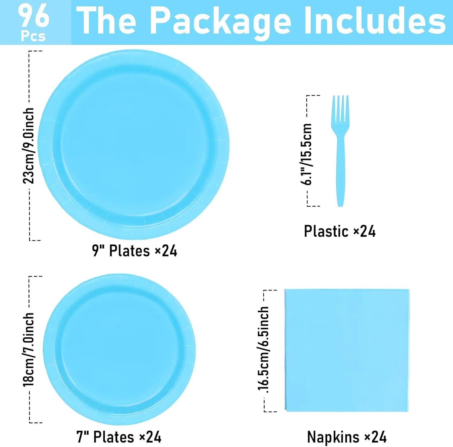 96 Pcs Party Plates,Blue Paper Plates and Napkins, Disposable Tableware Set, Party Supplies for Kids Birthday Baby Shower Wedding Picnic, Serve for 24 Guests