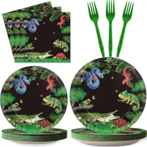 96 Pcs Reptile Snake Party Plates Napkins Tableware Set Lizard Birthday Party Supplies Disposable Paper Dinnerware Jungle Alligator Wildlife Theme Table Decoration Favors for Kids Birthday, 24 Guests