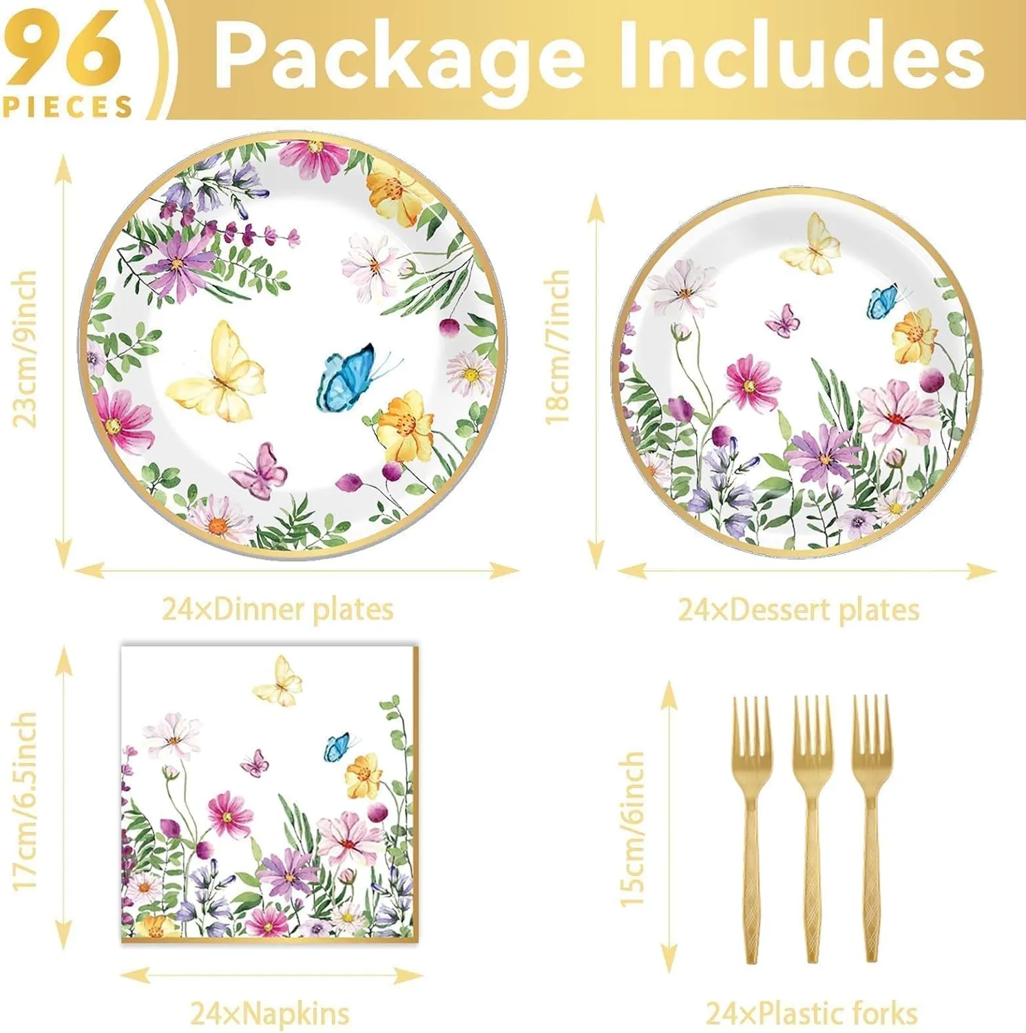 96 Pcs Spring Wildflower Party Decorations for 24 Guests Floral Tableware Plates Napkins Table Decorations Wildflower Dinnerware Party Favor for Birthday Baby Shower Bridal Shower Garden Tea Party