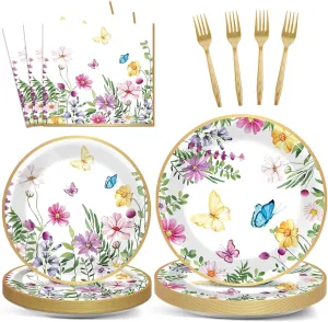 96 Pcs Spring Wildflower Party Decorations for 24 Guests Floral Tableware Plates Napkins Table Decorations Wildflower Dinnerware Party Favor for Birthday Baby Shower Bridal Shower Garden Tea Party