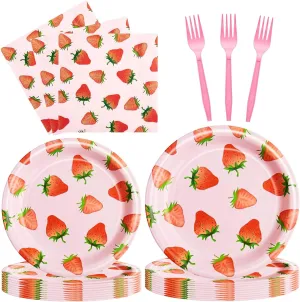 96 Pcs Strawberry Tableware Set Disposable Paper Plates Napkins and Forks Fruit Party Decoration Strawberry Themed Birthday Dinnerware for Girls Birthday Decorations, Serves 24