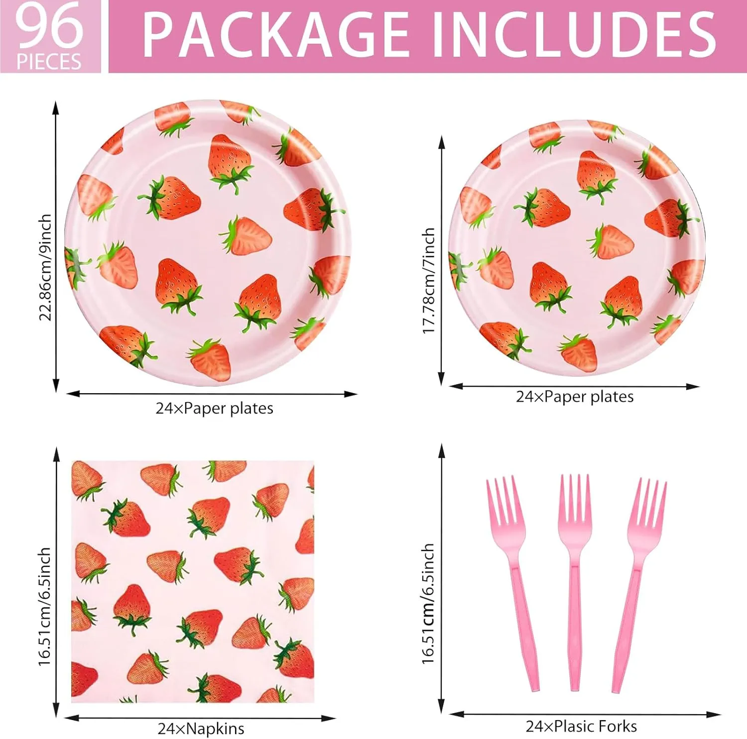 96 Pcs Strawberry Tableware Set Disposable Paper Plates Napkins and Forks Fruit Party Decoration Strawberry Themed Birthday Dinnerware for Girls Birthday Decorations, Serves 24