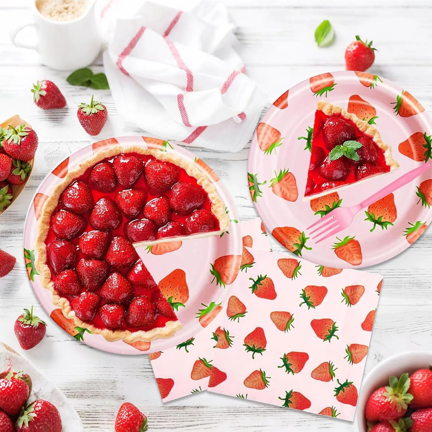 96 Pcs Strawberry Tableware Set Disposable Paper Plates Napkins and Forks Fruit Party Decoration Strawberry Themed Birthday Dinnerware for Girls Birthday Decorations, Serves 24