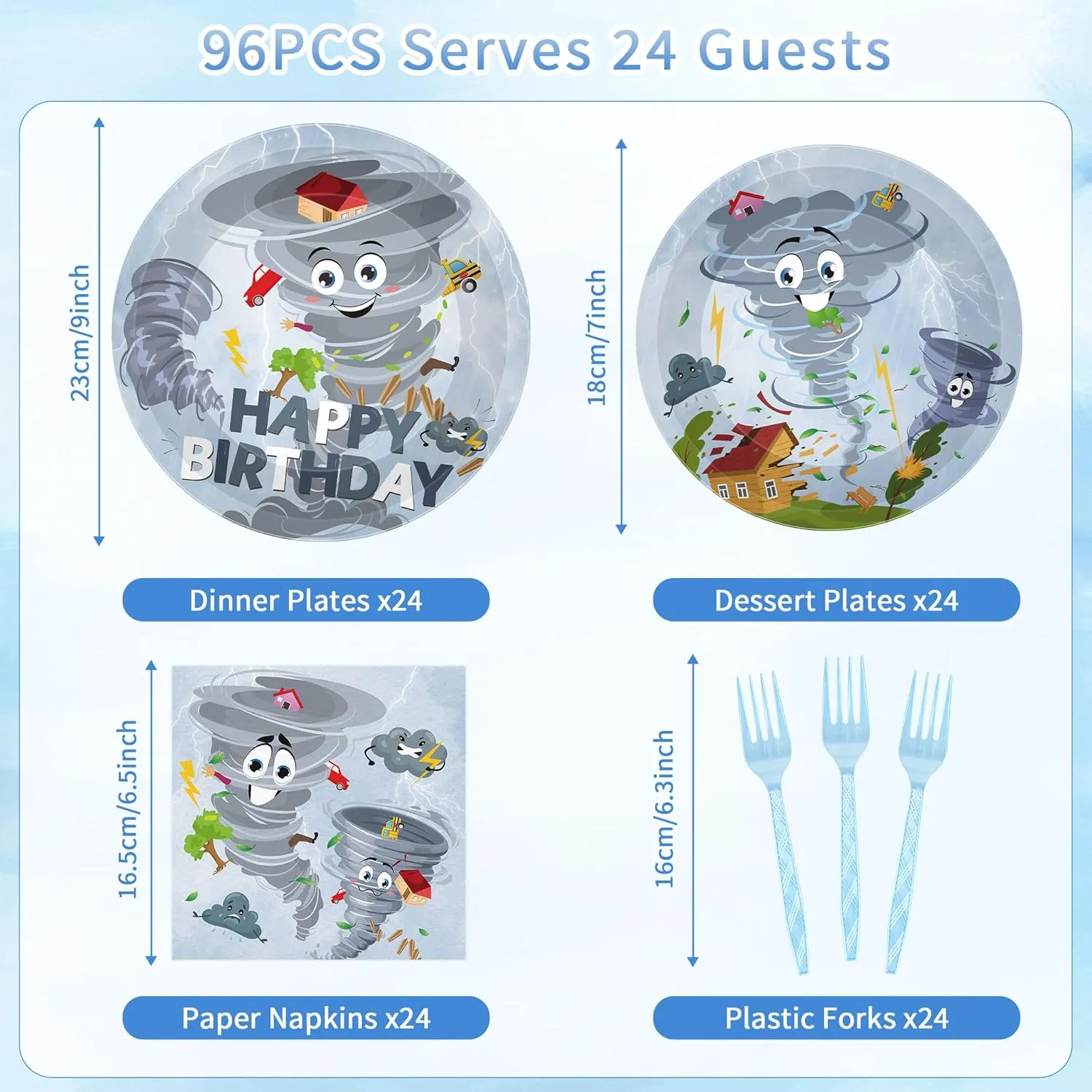 96 Pcs Tornado Birthday Party Decorations Tableware Set, Funny Cartoon Tornado Themed Happy Birthday Party Supplies for 24 Guests, Includes Plates Napkins Forks
