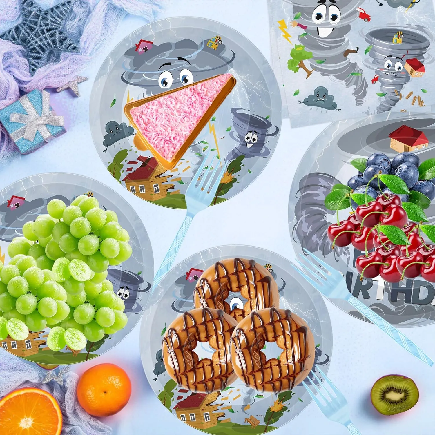 96 Pcs Tornado Birthday Party Decorations Tableware Set, Funny Cartoon Tornado Themed Happy Birthday Party Supplies for 24 Guests, Includes Plates Napkins Forks
