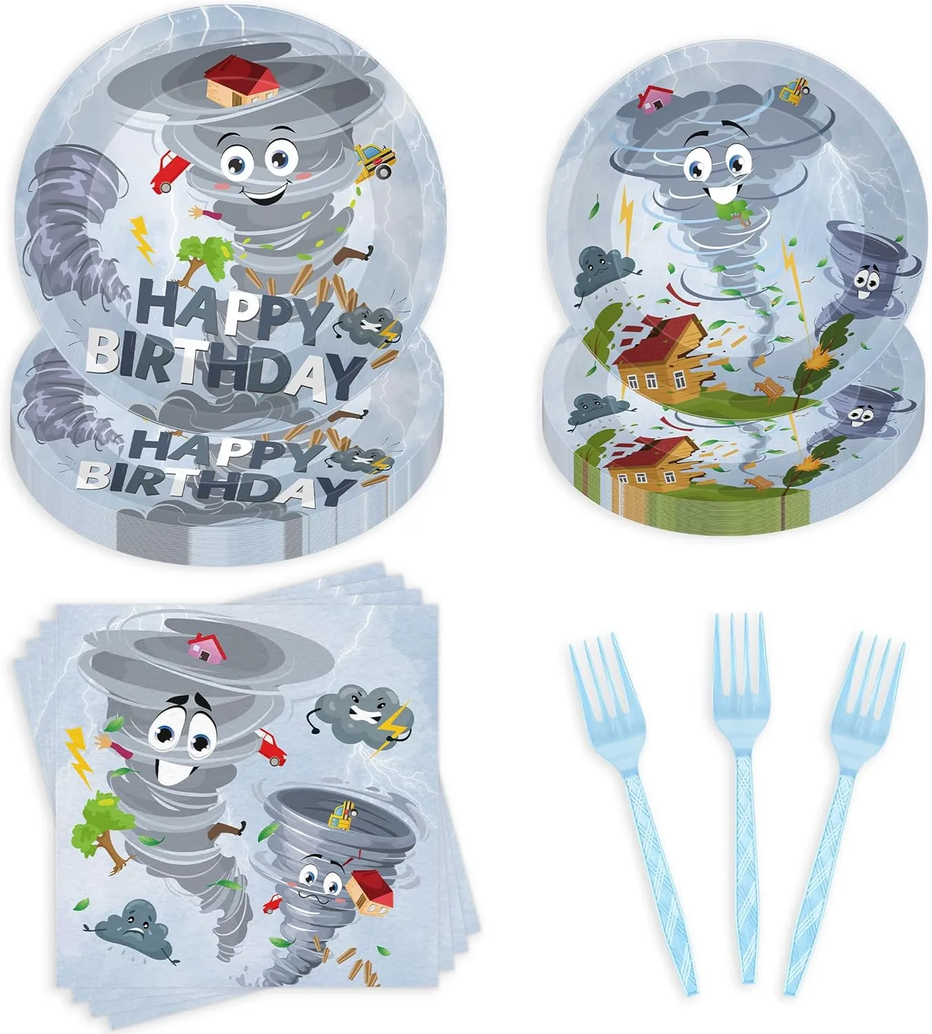 96 Pcs Tornado Birthday Party Decorations Tableware Set, Funny Cartoon Tornado Themed Happy Birthday Party Supplies for 24 Guests, Includes Plates Napkins Forks