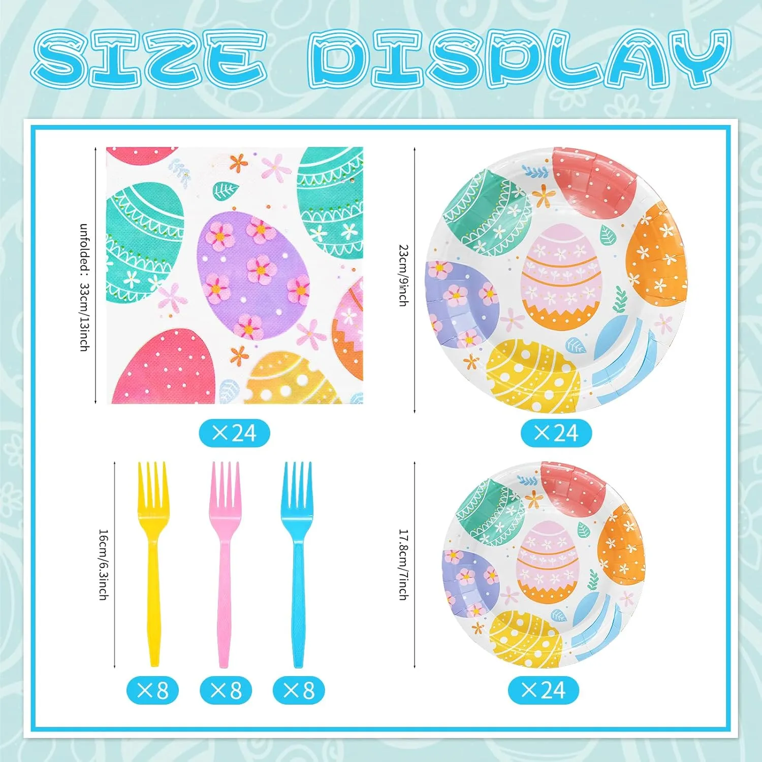 96 Pieces Easter Day Tableware Set Party Supplies - Colorful Eggs Pattern Disposable Dinnerware with Paper Plates, Napkins, Forks for Spring Celebrations Picnic Favors