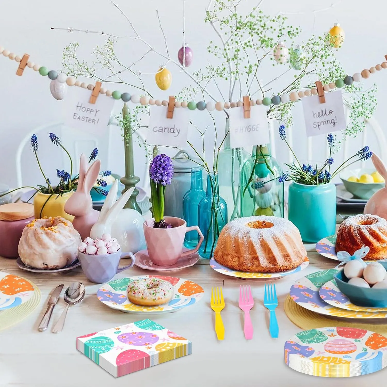 96 Pieces Easter Day Tableware Set Party Supplies - Colorful Eggs Pattern Disposable Dinnerware with Paper Plates, Napkins, Forks for Spring Celebrations Picnic Favors
