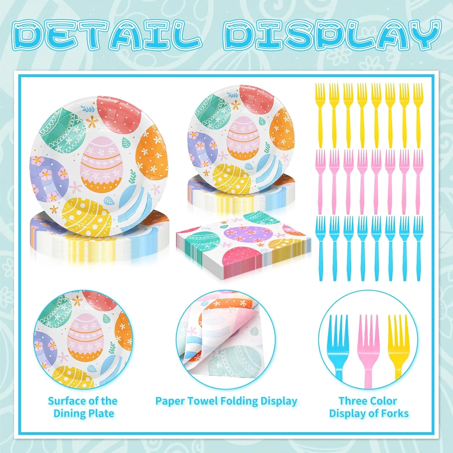 96 Pieces Easter Day Tableware Set Party Supplies - Colorful Eggs Pattern Disposable Dinnerware with Paper Plates, Napkins, Forks for Spring Celebrations Picnic Favors