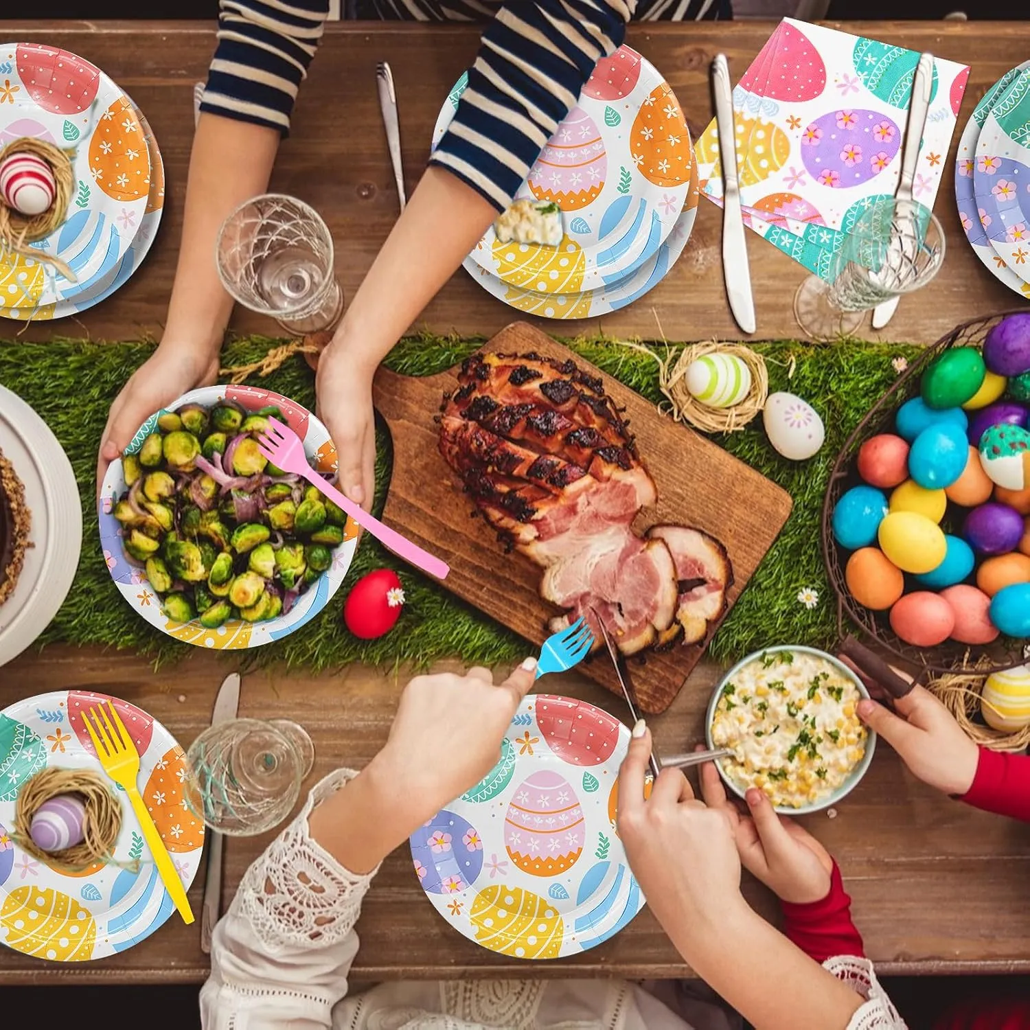 96 Pieces Easter Day Tableware Set Party Supplies - Colorful Eggs Pattern Disposable Dinnerware with Paper Plates, Napkins, Forks for Spring Celebrations Picnic Favors