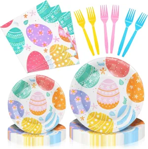 96 Pieces Easter Day Tableware Set Party Supplies - Colorful Eggs Pattern Disposable Dinnerware with Paper Plates, Napkins, Forks for Spring Celebrations Picnic Favors