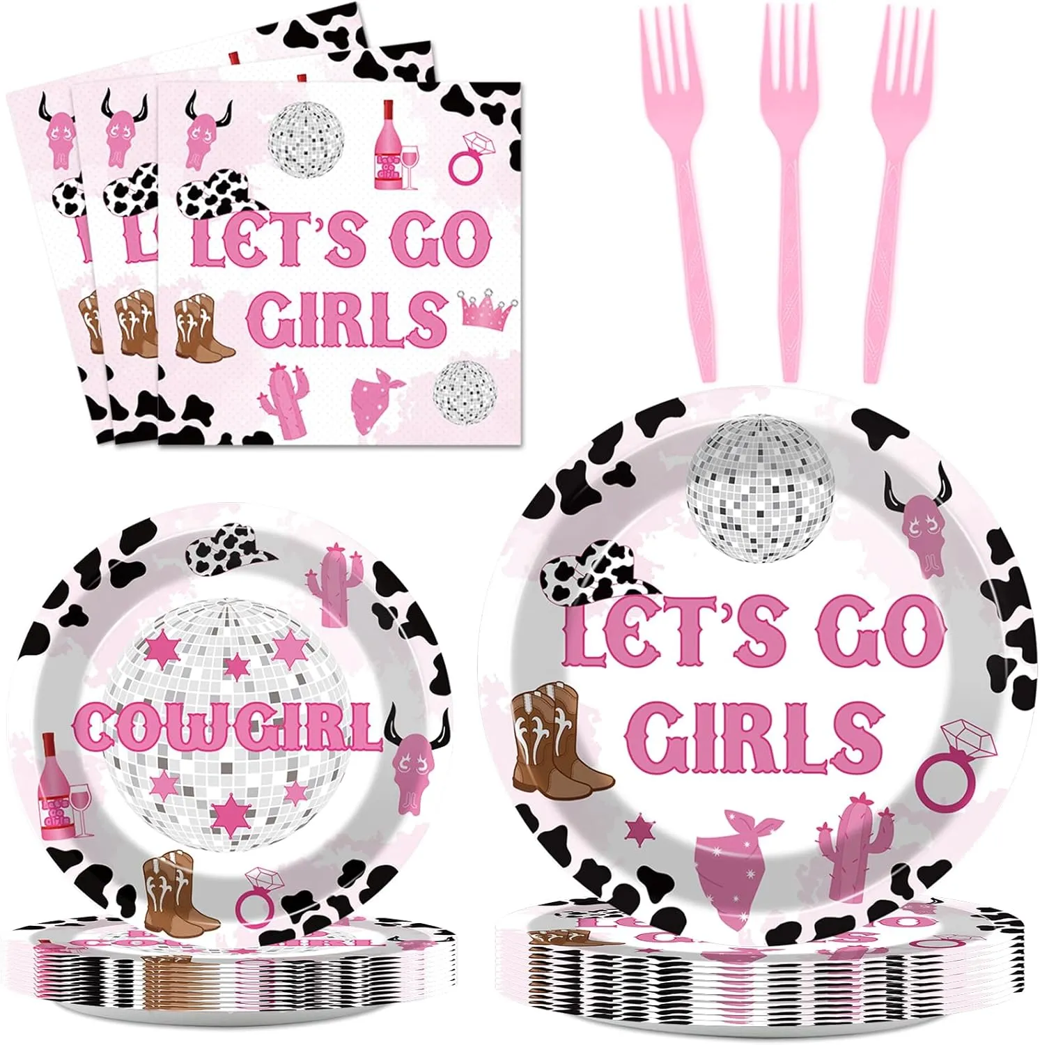 96 Pieces Lets Go Girls Party Plates Cowgirl Theme Party Decorations Western Paper Plates and Napkins Girl Bachelorette Disposable Dessert Tableware Set Bridal Shower Birthday Supplies 24 Guests