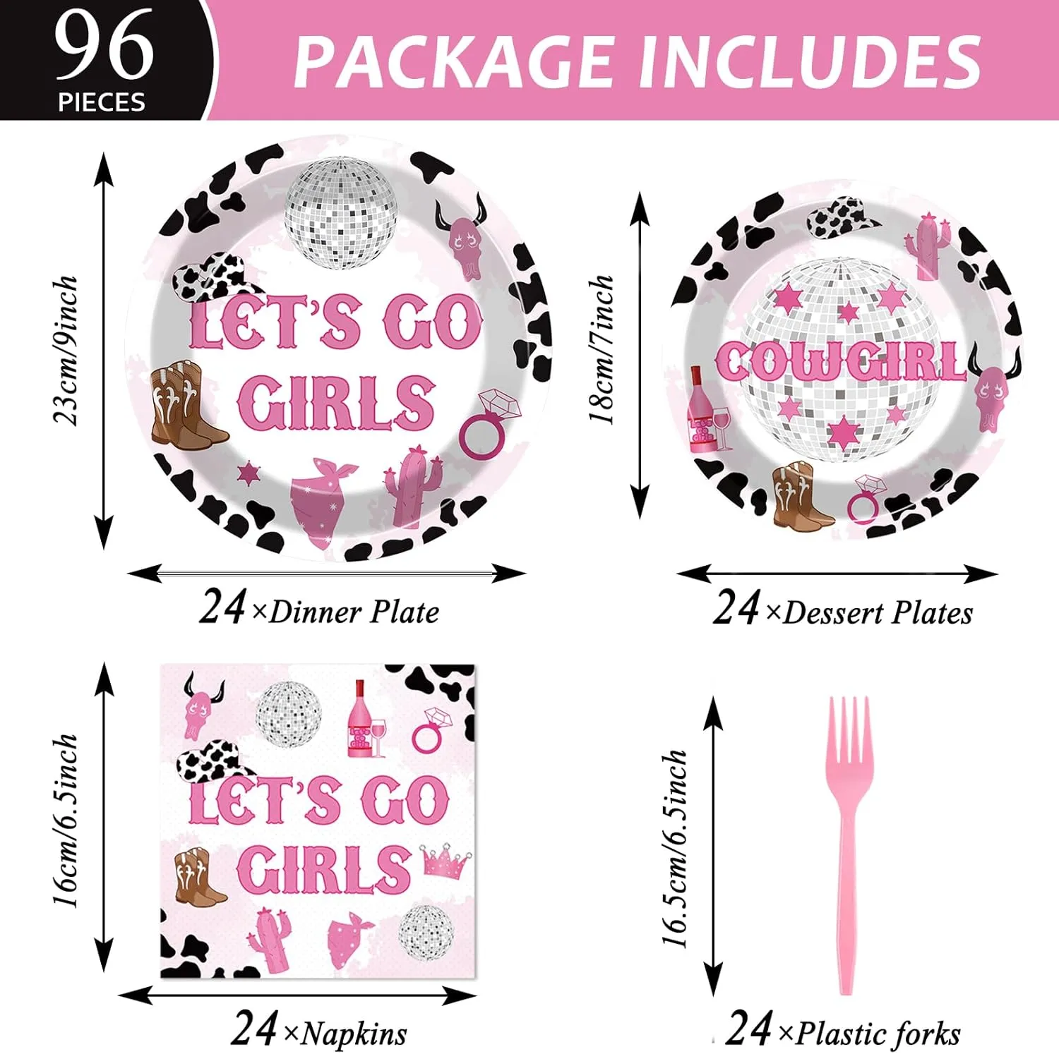 96 Pieces Lets Go Girls Party Plates Cowgirl Theme Party Decorations Western Paper Plates and Napkins Girl Bachelorette Disposable Dessert Tableware Set Bridal Shower Birthday Supplies 24 Guests
