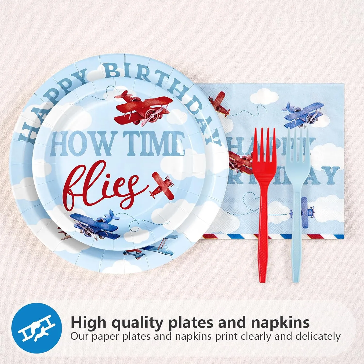 96Pcs Airplane 1st Birthday Decorations for Boys Red & Blue Airplane First Birthday Plates and Napkins Sets How Time Flies Party Decorations for Girls Baby Shower One Years Old Supplies Serve 24
