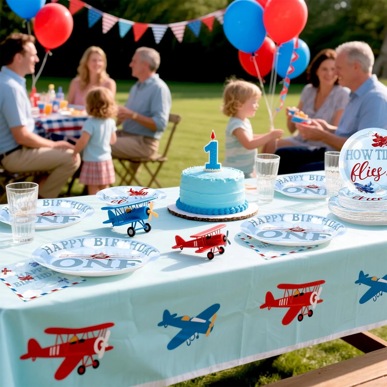96Pcs Airplane 1st Birthday Decorations for Boys Red & Blue Airplane First Birthday Plates and Napkins Sets How Time Flies Party Decorations for Girls Baby Shower One Years Old Supplies Serve 24