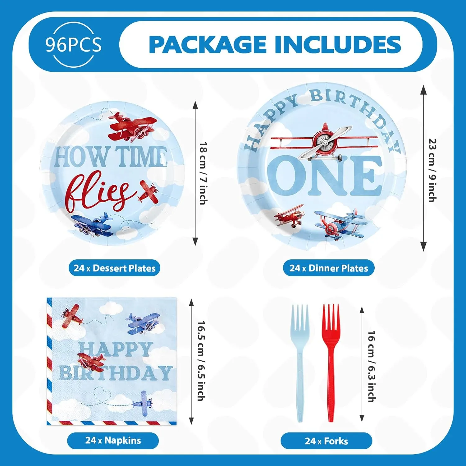 96Pcs Airplane 1st Birthday Decorations for Boys Red & Blue Airplane First Birthday Plates and Napkins Sets How Time Flies Party Decorations for Girls Baby Shower One Years Old Supplies Serve 24
