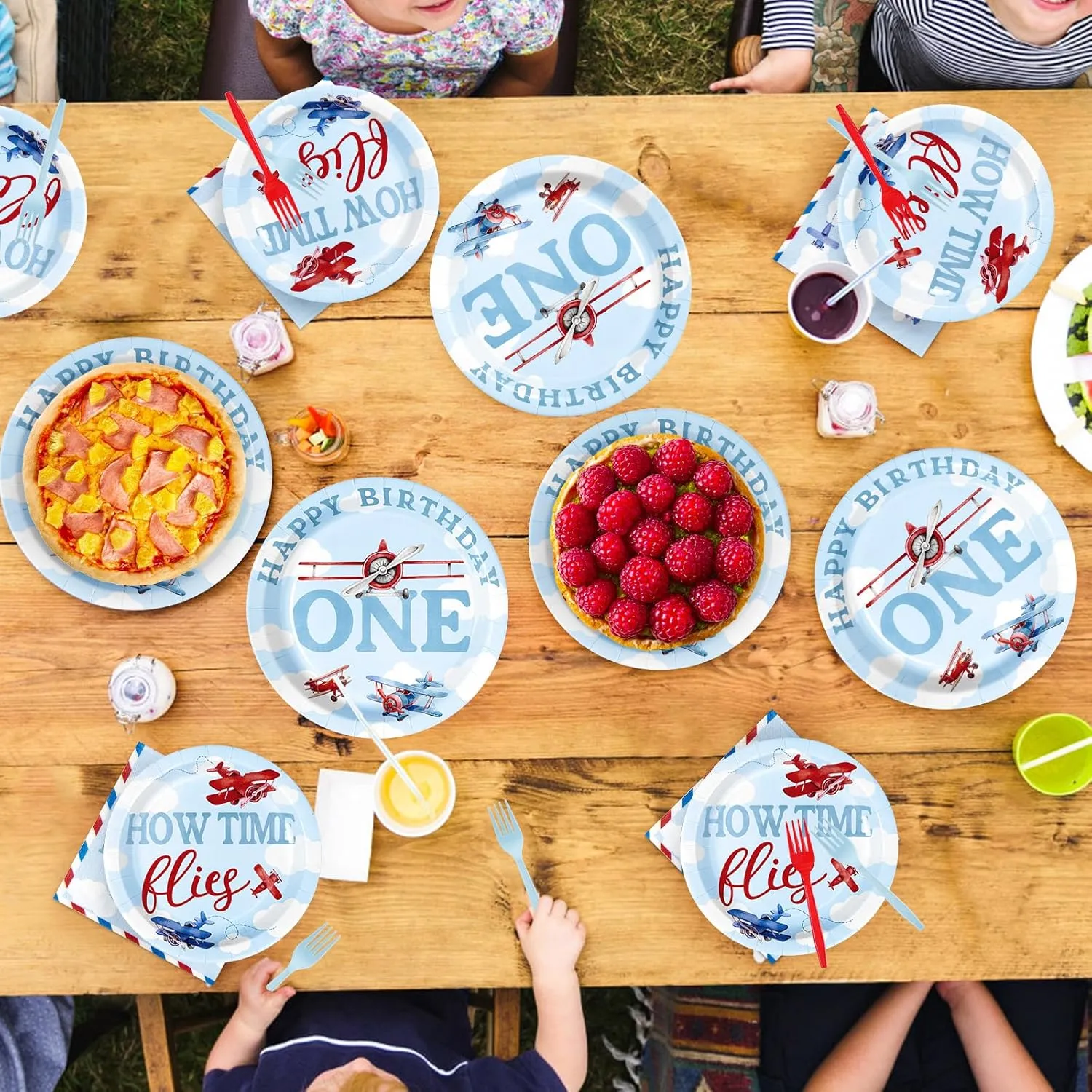 96Pcs Airplane 1st Birthday Decorations for Boys Red & Blue Airplane First Birthday Plates and Napkins Sets How Time Flies Party Decorations for Girls Baby Shower One Years Old Supplies Serve 24