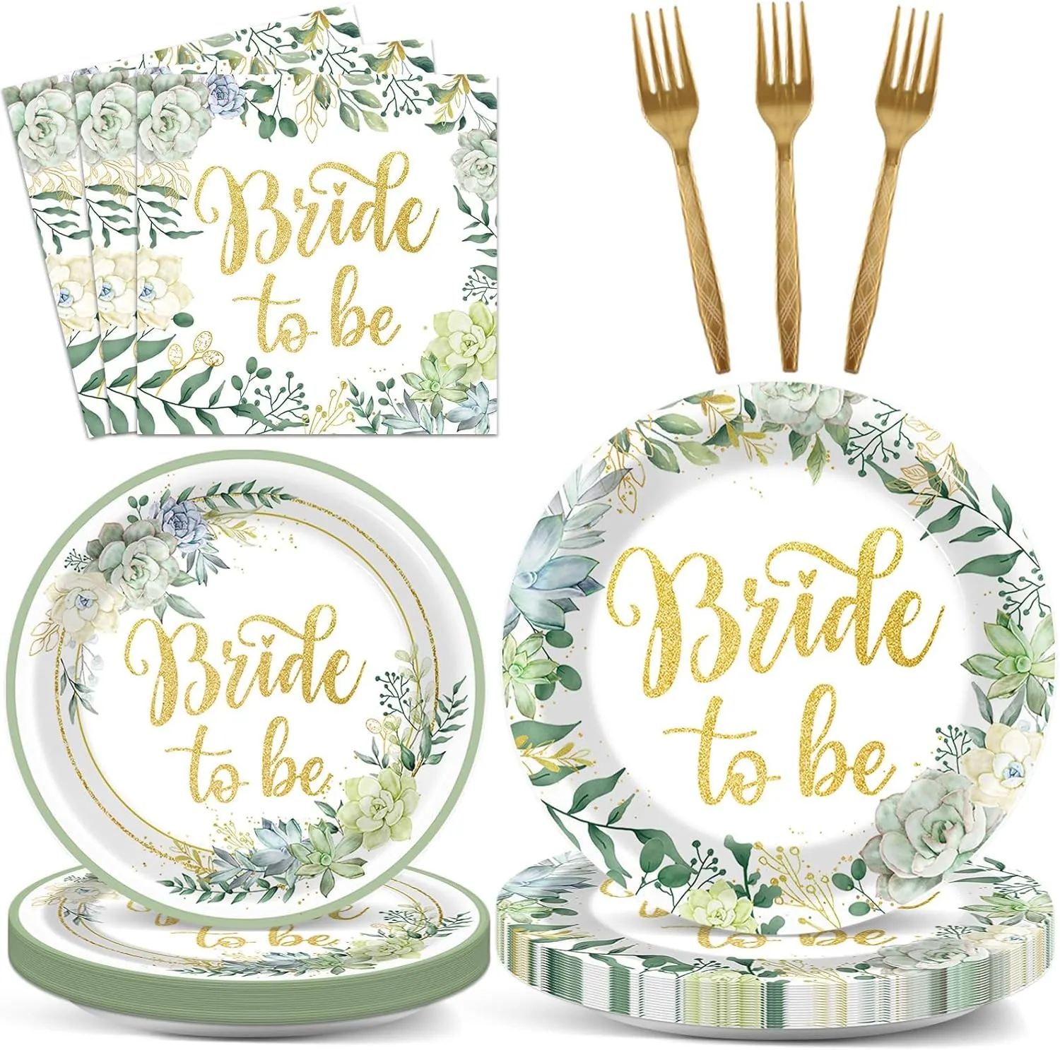 96Pcs Bridal Shower Decorations - Sage Green Bride to Be Paper Plates, Napkins, Wedding Shower Tableware Set - Green Plants Dinnerware for Engagement, Bachelorette Party Supplies - Serves 24