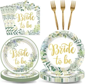 96Pcs Bridal Shower Decorations - Sage Green Bride to Be Paper Plates, Napkins, Wedding Shower Tableware Set - Green Plants Dinnerware for Engagement, Bachelorette Party Supplies - Serves 24