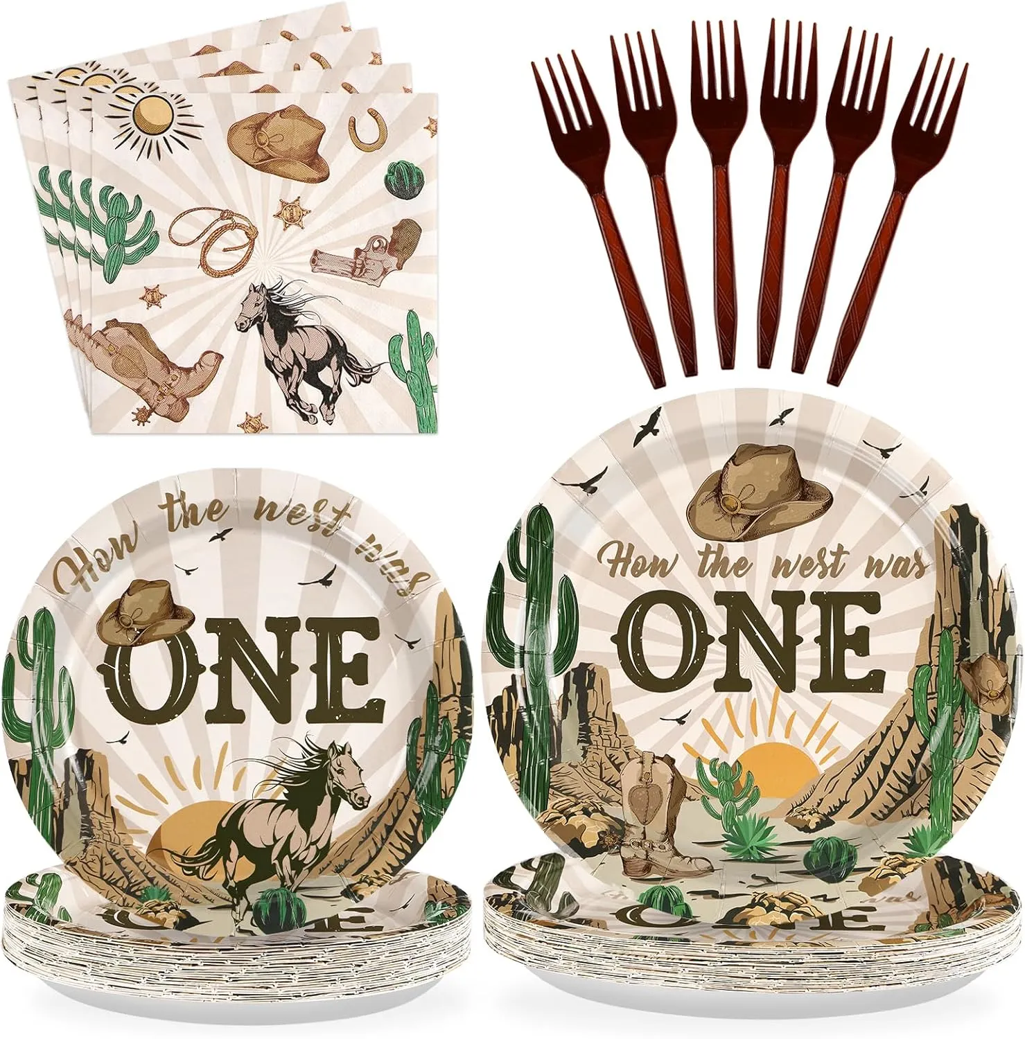 96Pcs How the West Was One Party Decorations 350 GSM Western Cowboy 1st Birthday Plates and Napkins Tableware Set for Boys One Year Old First Rodeo Wild West Party Supplies Serve 24