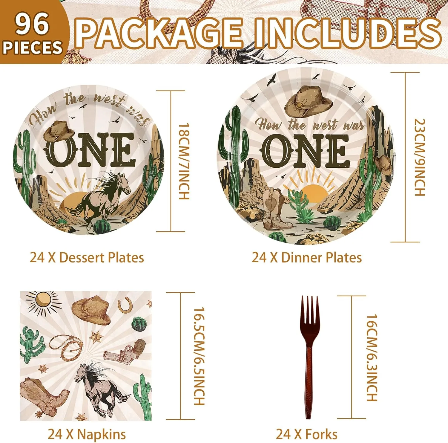 96Pcs How the West Was One Party Decorations 350 GSM Western Cowboy 1st Birthday Plates and Napkins Tableware Set for Boys One Year Old First Rodeo Wild West Party Supplies Serve 24
