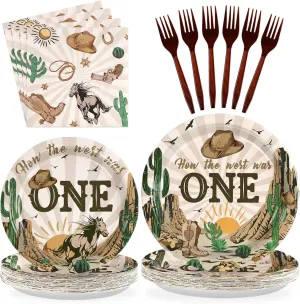 96Pcs How the West Was One Party Decorations 350 GSM Western Cowboy 1st Birthday Plates and Napkins Tableware Set for Boys One Year Old First Rodeo Wild West Party Supplies Serve 24