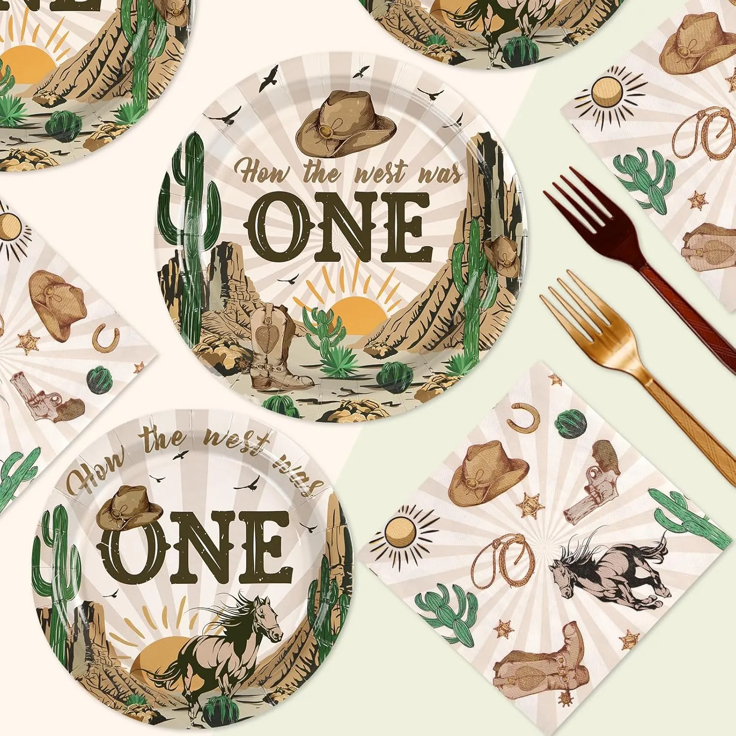 96Pcs How the West Was One Party Decorations 350 GSM Western Cowboy 1st Birthday Plates and Napkins Tableware Set for Boys One Year Old First Rodeo Wild West Party Supplies Serve 24