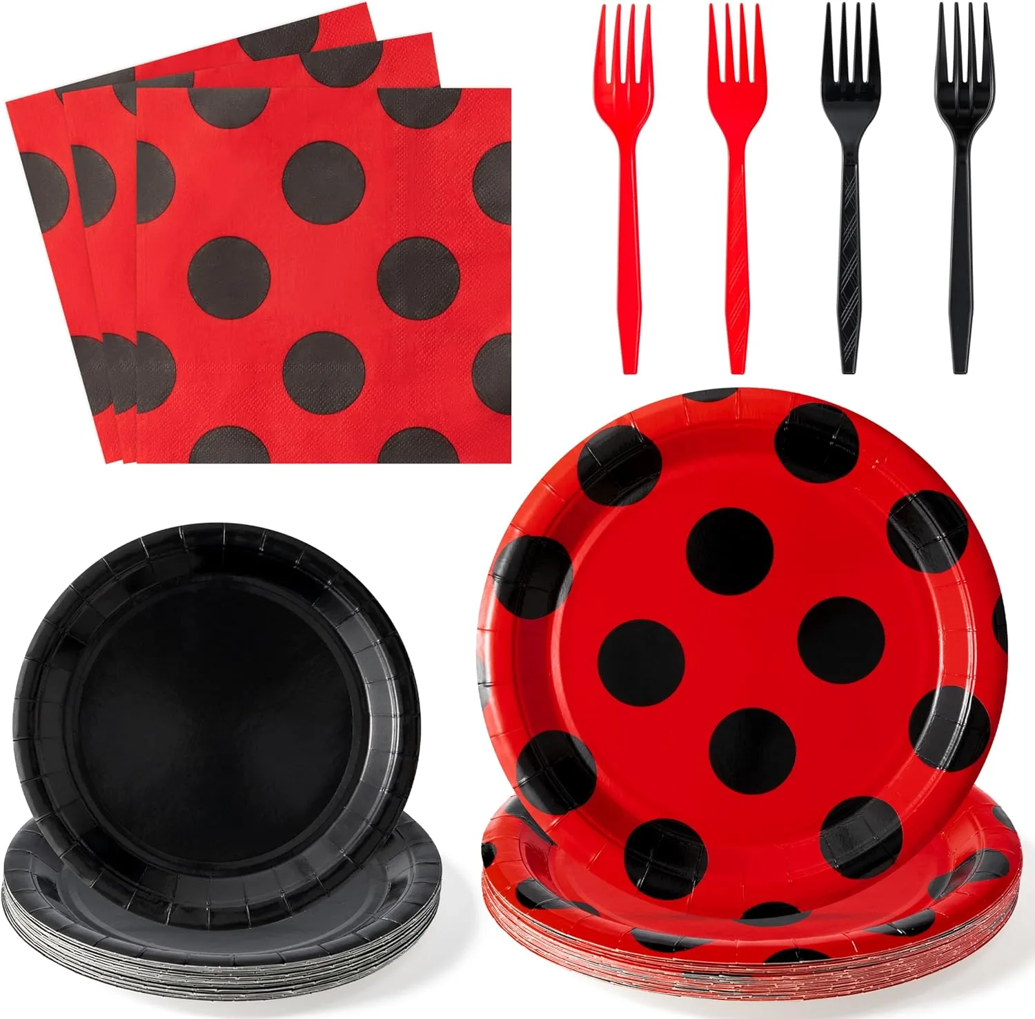 96Pcs Ladybug Party Plates Supplies - Red and Black Polka Dot Tableware Decorations Cute Lady Bug Disposable Paper Plates Napkins Forks for Kids Birthday Baby Shower, Serves 24 Guests