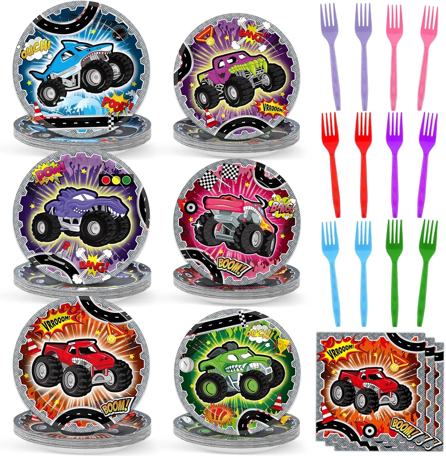 96Pcs Monster Truck Plates and Napkins Forks for Racing Car Party Decorations Trucks Themed Paper Plates Tableware for Kids Boys Serves 24 Race Cars Birthday Party Supplies Favors