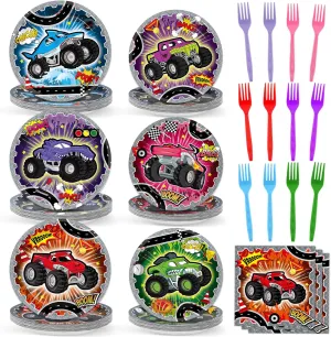 96Pcs Monster Truck Plates and Napkins Forks for Racing Car Party Decorations Trucks Themed Paper Plates Tableware for Kids Boys Serves 24 Race Cars Birthday Party Supplies Favors