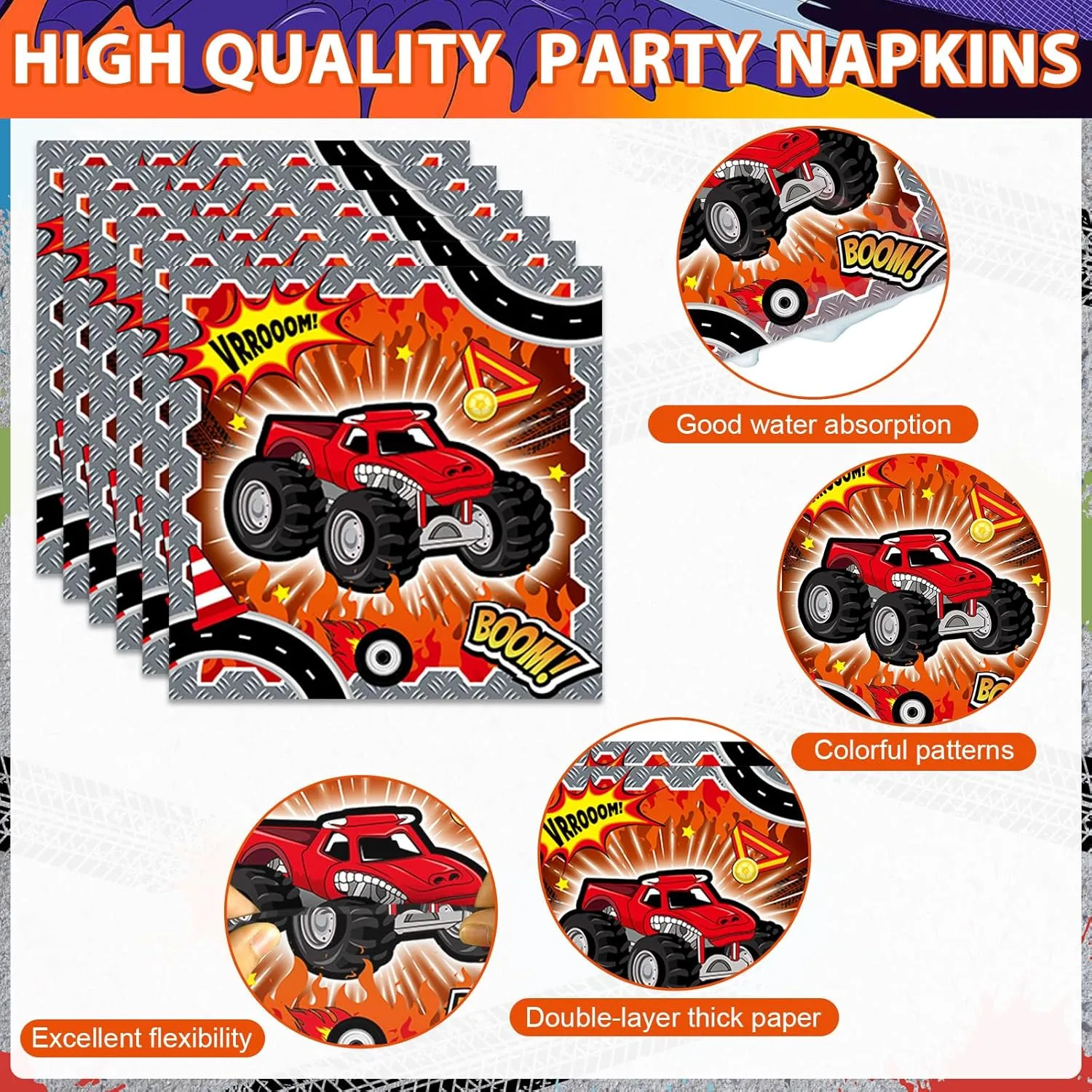 96Pcs Monster Truck Plates and Napkins Forks for Racing Car Party Decorations Trucks Themed Paper Plates Tableware for Kids Boys Serves 24 Race Cars Birthday Party Supplies Favors