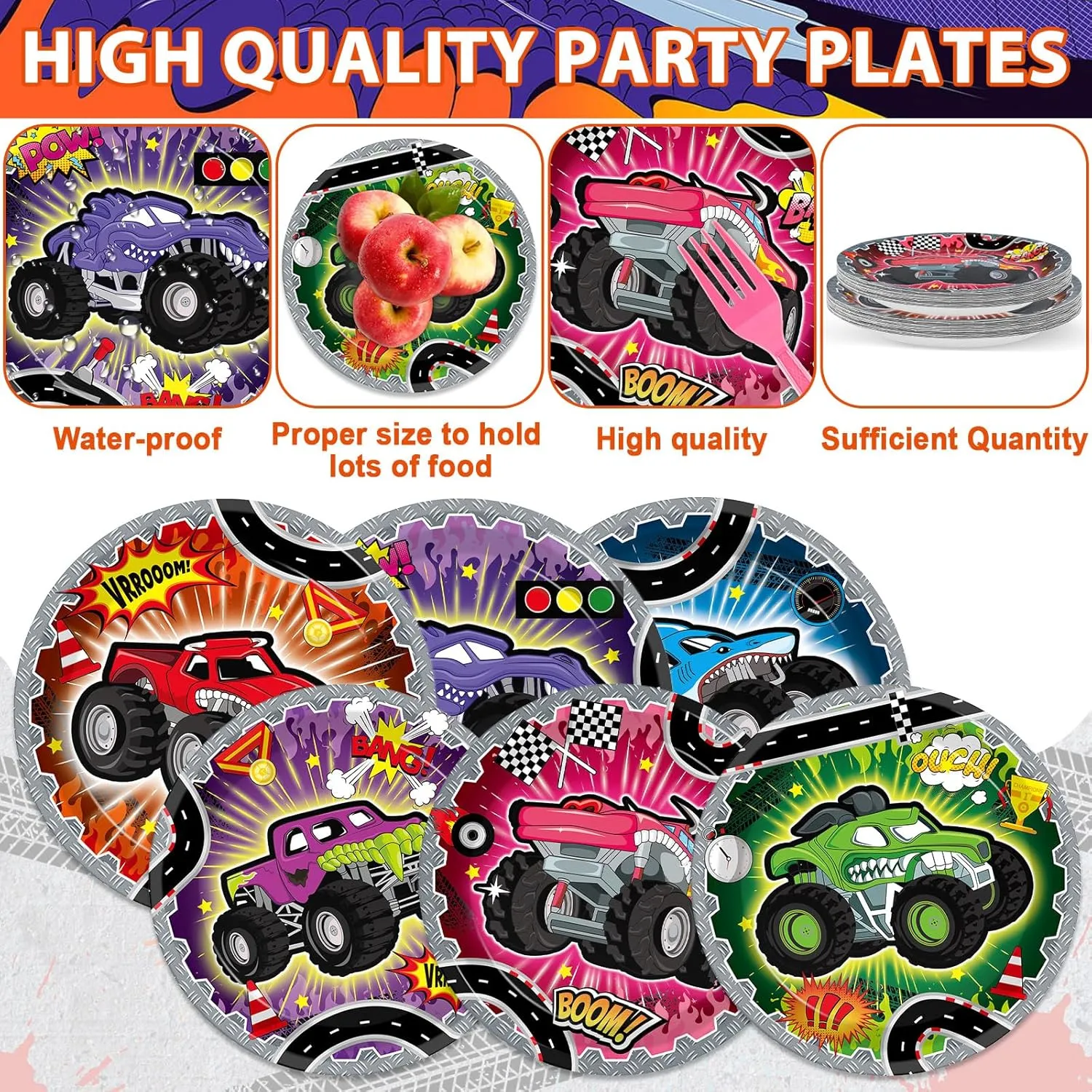 96Pcs Monster Truck Plates and Napkins Forks for Racing Car Party Decorations Trucks Themed Paper Plates Tableware for Kids Boys Serves 24 Race Cars Birthday Party Supplies Favors