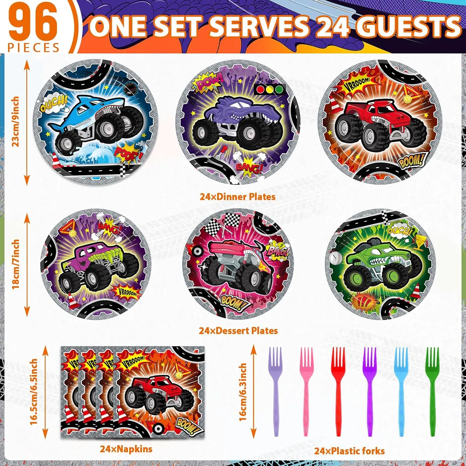 96Pcs Monster Truck Plates and Napkins Forks for Racing Car Party Decorations Trucks Themed Paper Plates Tableware for Kids Boys Serves 24 Race Cars Birthday Party Supplies Favors