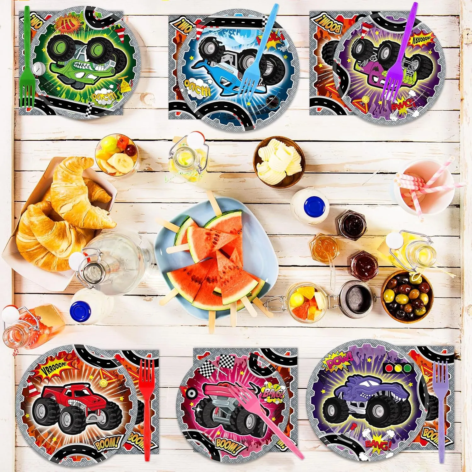96Pcs Monster Truck Plates and Napkins Forks for Racing Car Party Decorations Trucks Themed Paper Plates Tableware for Kids Boys Serves 24 Race Cars Birthday Party Supplies Favors