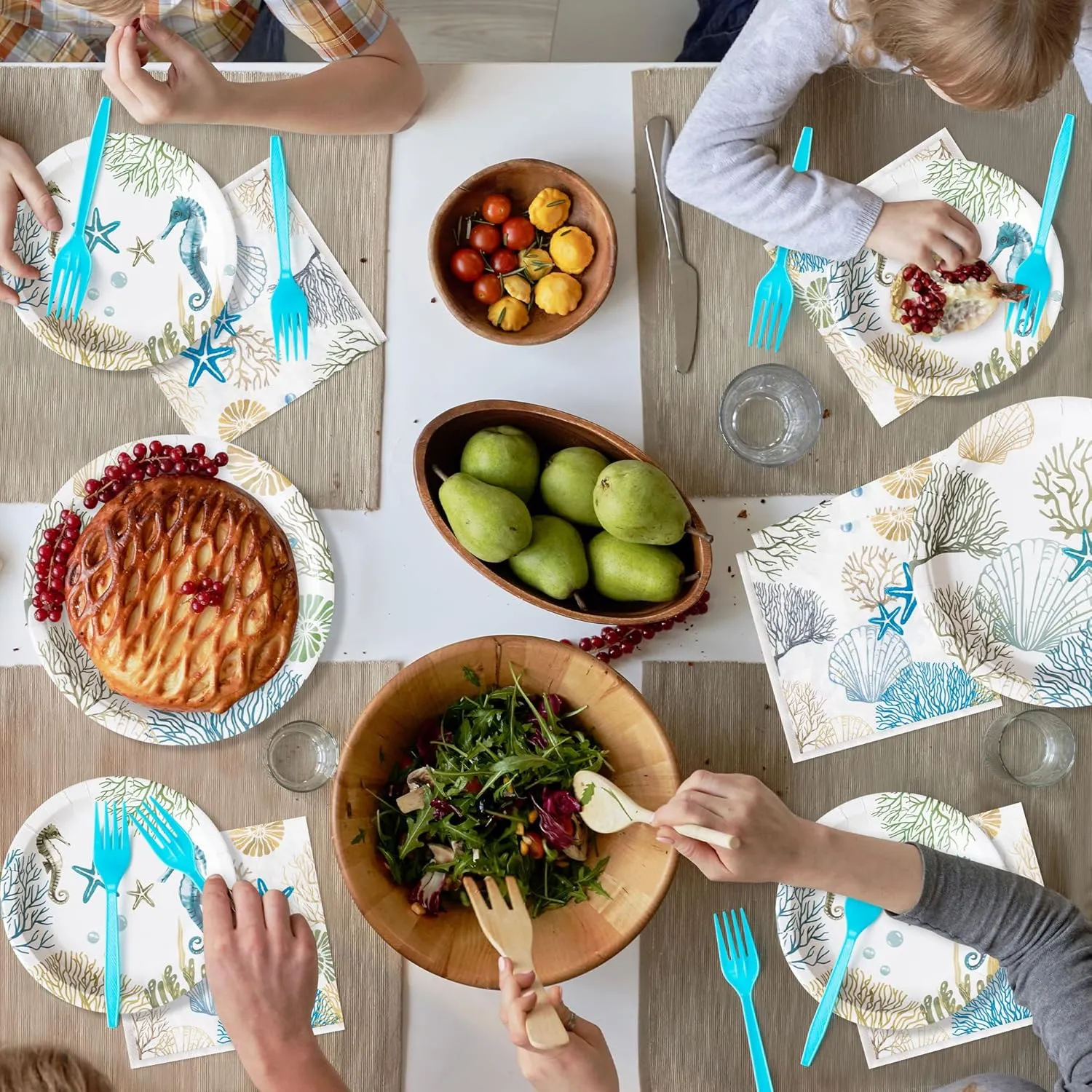 96Pcs Ocean Seashell Party Plates Supplies - Coastal Beach Party Tableware Decorations Starfish Coral Disposable Paper Plates Napkins Forks for Kids Summer Birthday Baby Shower, Serves 24