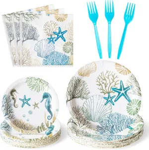 96Pcs Ocean Seashell Party Plates Supplies - Coastal Beach Party Tableware Decorations Starfish Coral Disposable Paper Plates Napkins Forks for Kids Summer Birthday Baby Shower, Serves 24