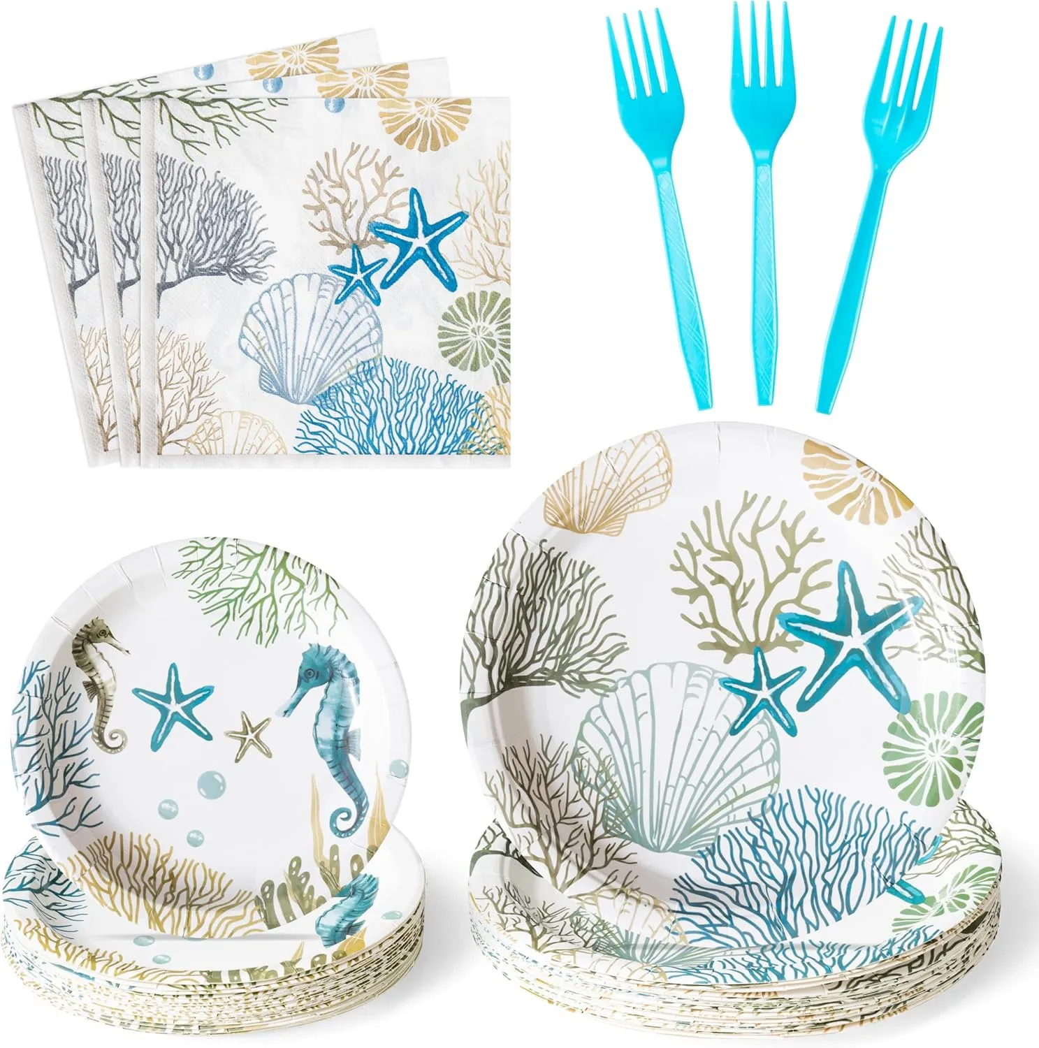96Pcs Ocean Seashell Party Plates Supplies - Coastal Beach Party Tableware Decorations Starfish Coral Disposable Paper Plates Napkins Forks for Kids Summer Birthday Baby Shower, Serves 24