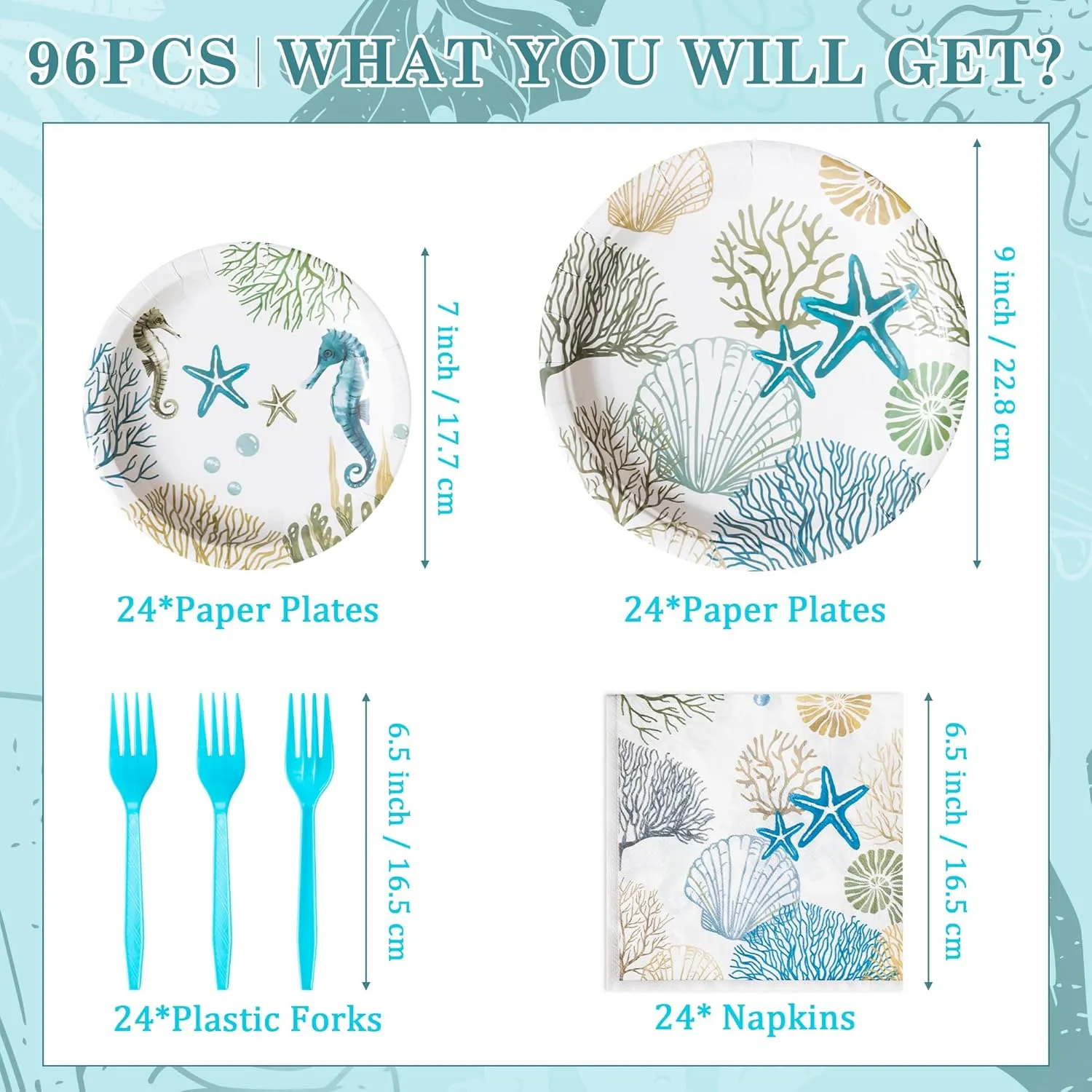96Pcs Ocean Seashell Party Plates Supplies - Coastal Beach Party Tableware Decorations Starfish Coral Disposable Paper Plates Napkins Forks for Kids Summer Birthday Baby Shower, Serves 24