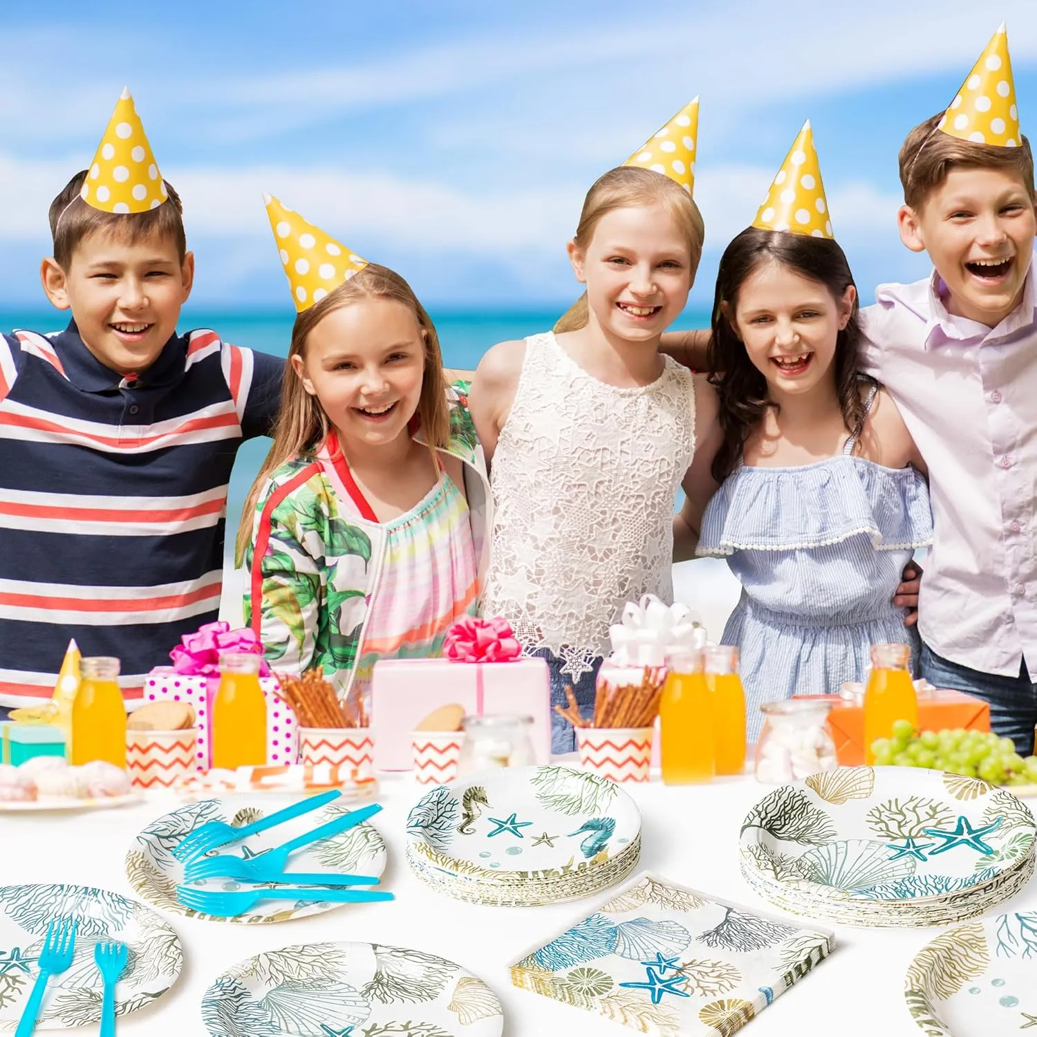 96Pcs Ocean Seashell Party Plates Supplies - Coastal Beach Party Tableware Decorations Starfish Coral Disposable Paper Plates Napkins Forks for Kids Summer Birthday Baby Shower, Serves 24