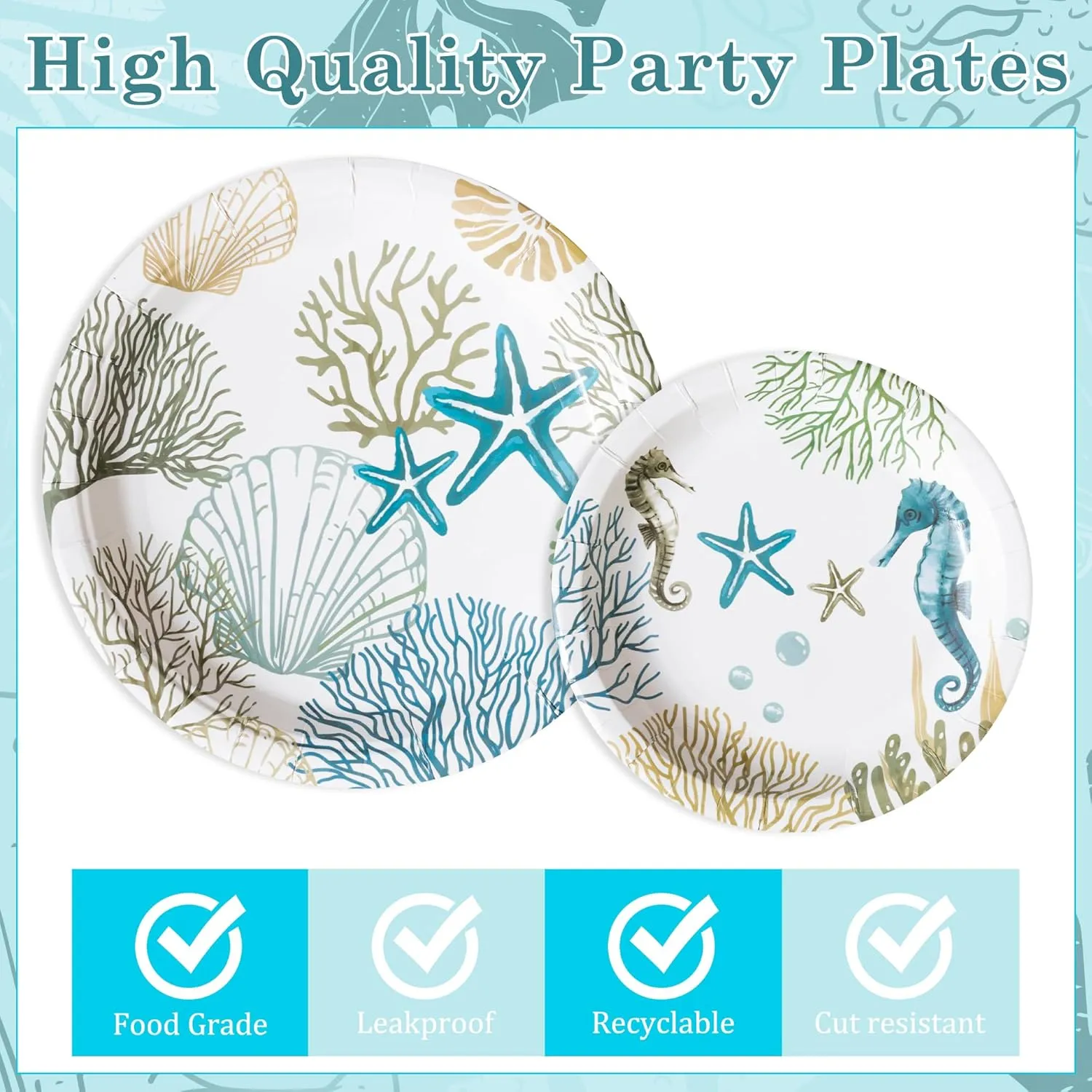 96Pcs Ocean Seashell Party Plates Supplies - Coastal Beach Party Tableware Decorations Starfish Coral Disposable Paper Plates Napkins Forks for Kids Summer Birthday Baby Shower, Serves 24
