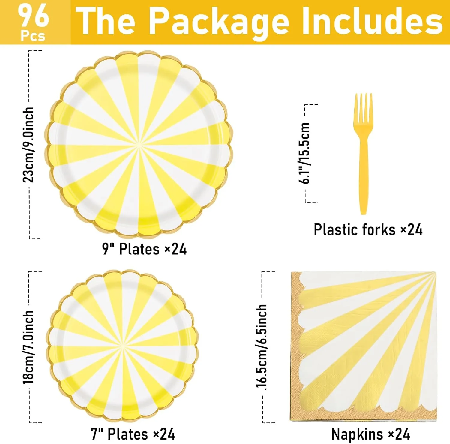 96PCS Party Plates, Yellow Paper Plates and Napkins, Disposable Tableware Set, Party Supplies for Kids Birthday Wedding Baby Shower Picnic, Serve for 24 Guests, Yellow and White