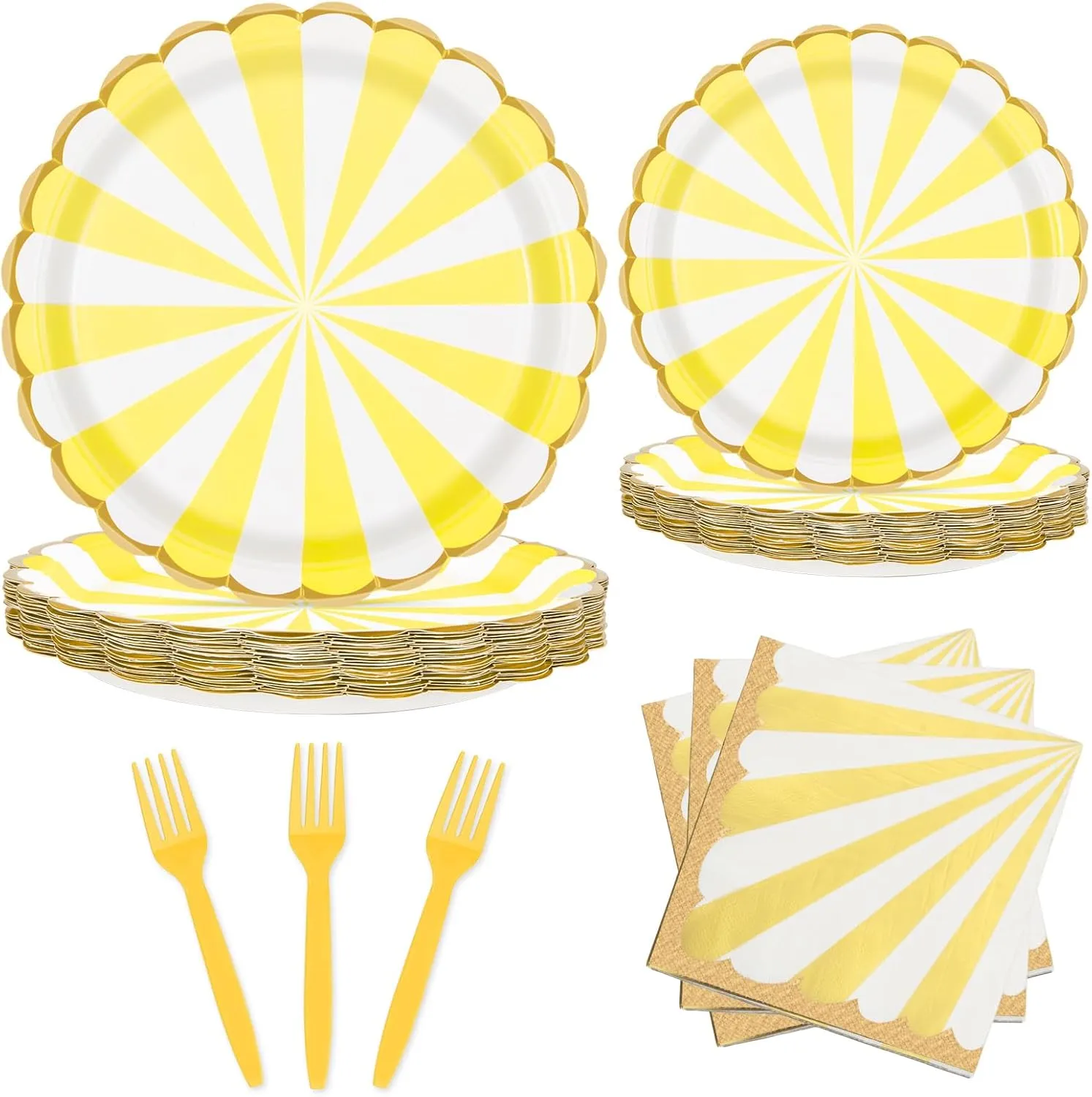 96PCS Party Plates, Yellow Paper Plates and Napkins, Disposable Tableware Set, Party Supplies for Kids Birthday Wedding Baby Shower Picnic, Serve for 24 Guests, Yellow and White