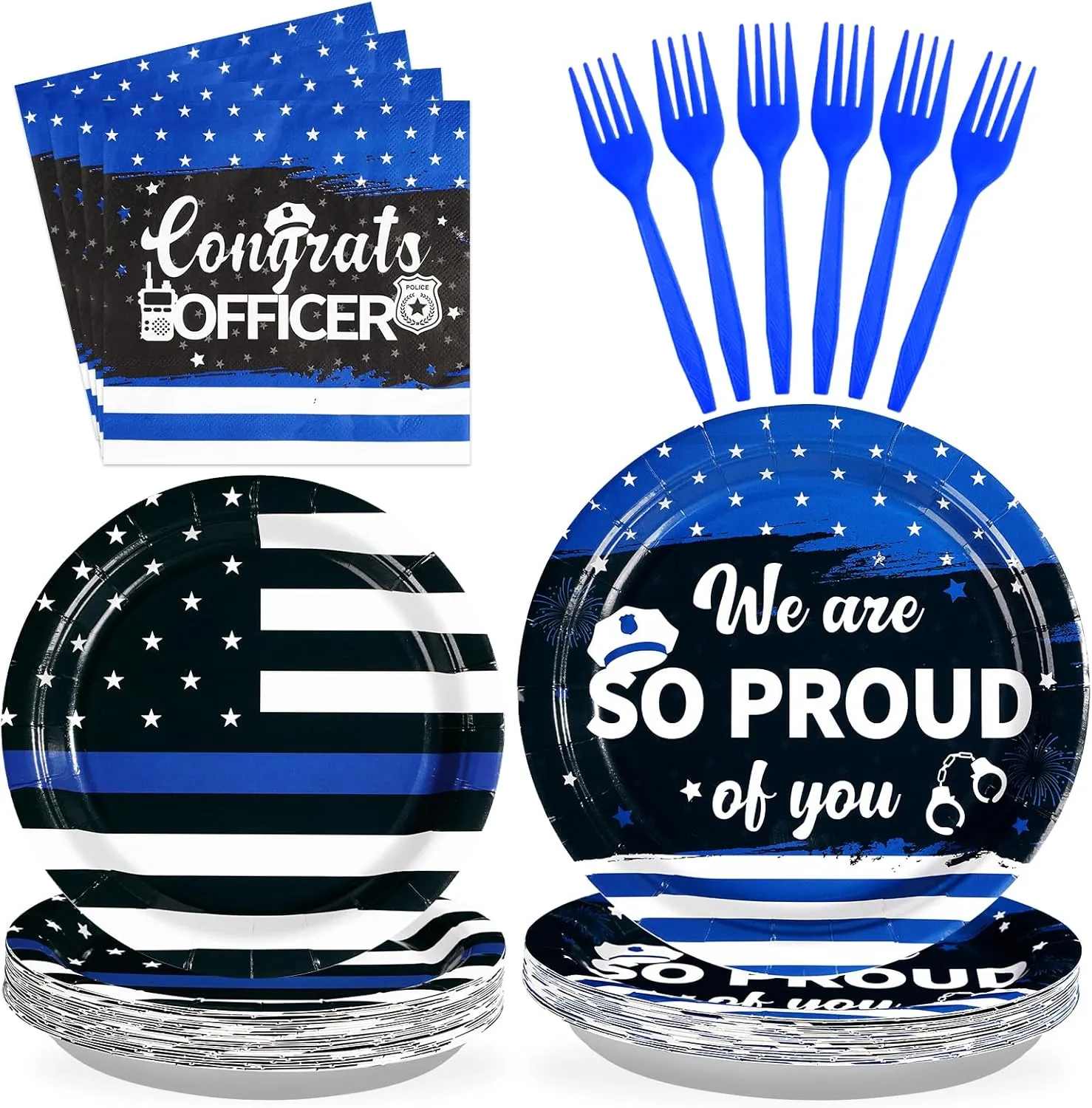 96Pcs Police Academy Graduate Party Supplies We Are So Proud Of You Police Theme Plates and Napkins Congrats Officer Party Decorations for Police Retirement Grad Graduation Promotion Party Serves 24